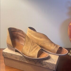 Free People Camel Leather Peep-Toe Sandals